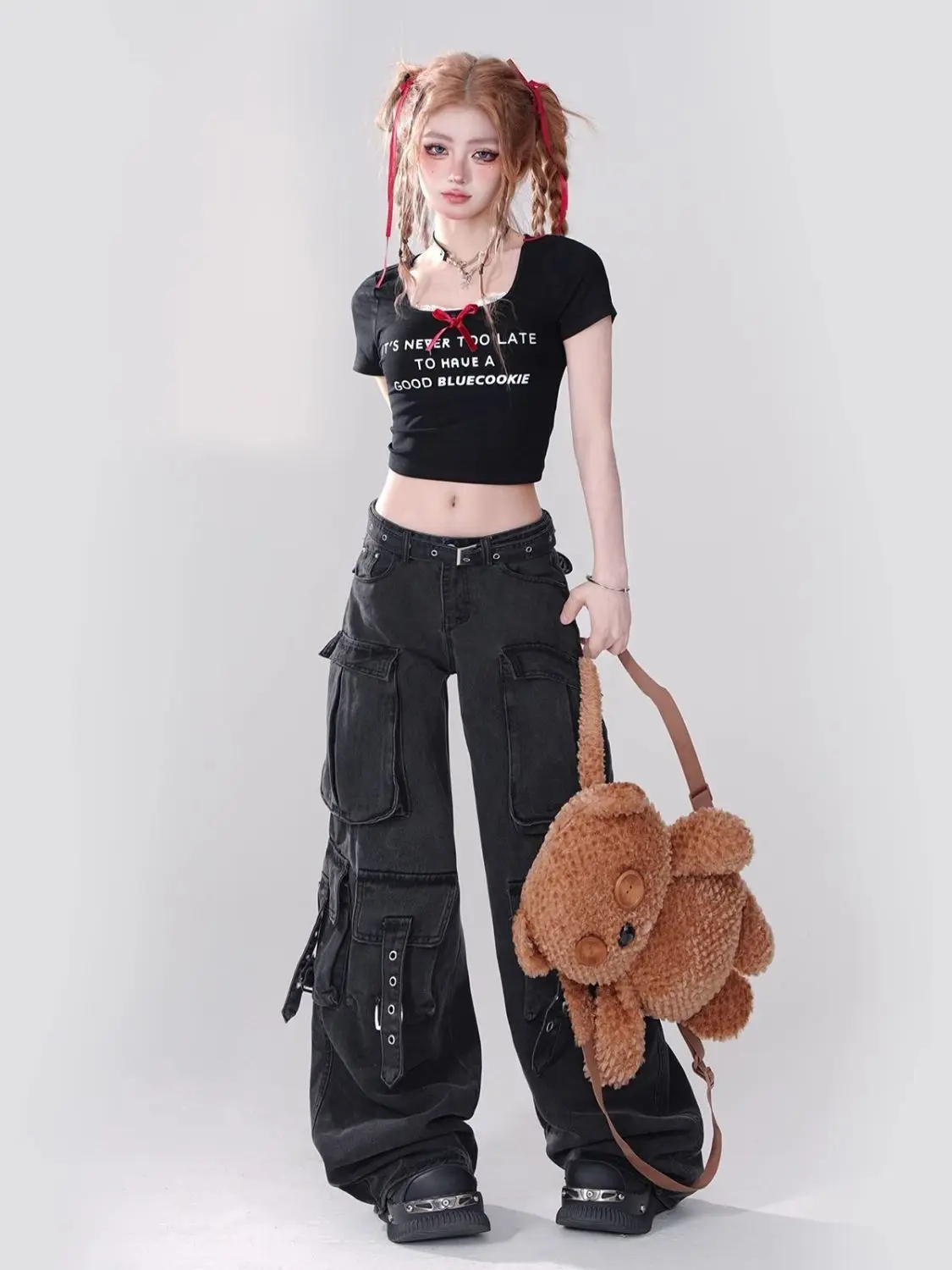 Y2K Black Cargo Pants for Women Straight Leg Jean Edgy Style Pocket Trousers Streetwear 2000s Aesthetic Grunge Pants Pantalones