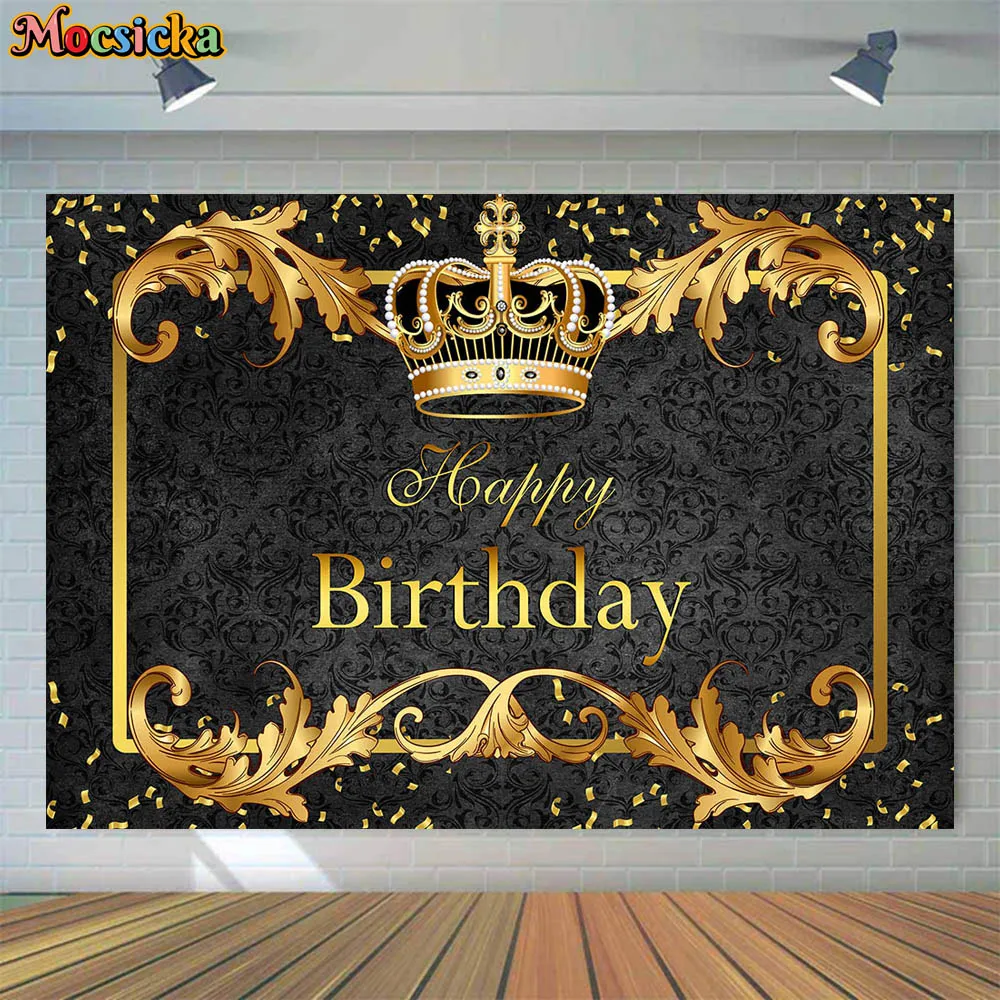 

Mocsicka Royal Prince Happy Birthday Backdrop Baby Boy Royal Black Birthday Party Photo Background Photoshoot Decor Golden Crown