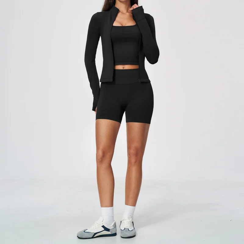 Seamless 3PCS Women Workout Yoga Set Zip Up Jacket Racerback Tank Top Butt Lifting Biker Shorts Gym Fitness Running Sports Suit