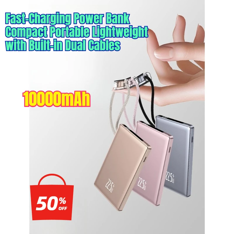 

10000mAh Fast-Charging Power Bank Compact, Portable Lightweight with Built-in Dual Cables