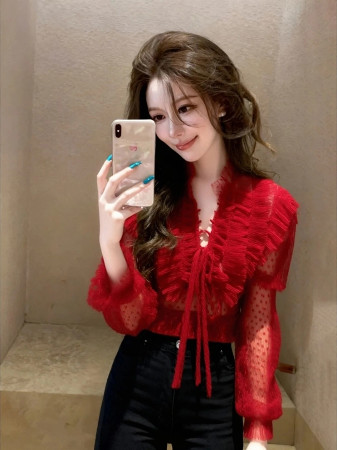 

Stunning Red Shirt French Style Loose Fit V-Neck Tie-Detail Polyester Fiber Thin Long Sleeve Women's Premium Quality Top