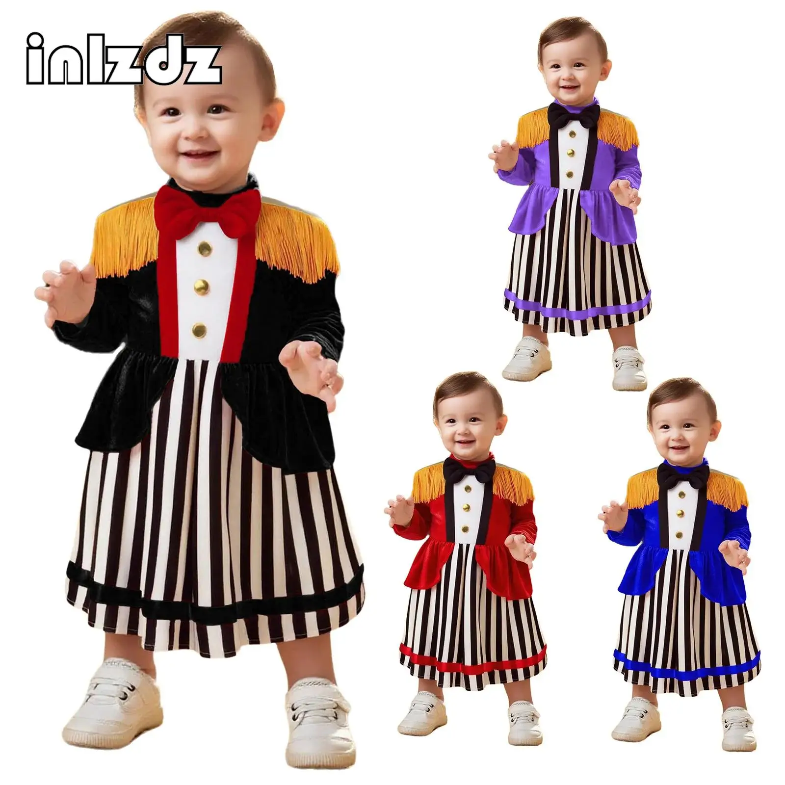 

Toddler Infant Ringmaster Costume Dress Bow Tie Long Sleeve Shoulder Tassels Epaulets Stripe Dress for Halloween Themed Party