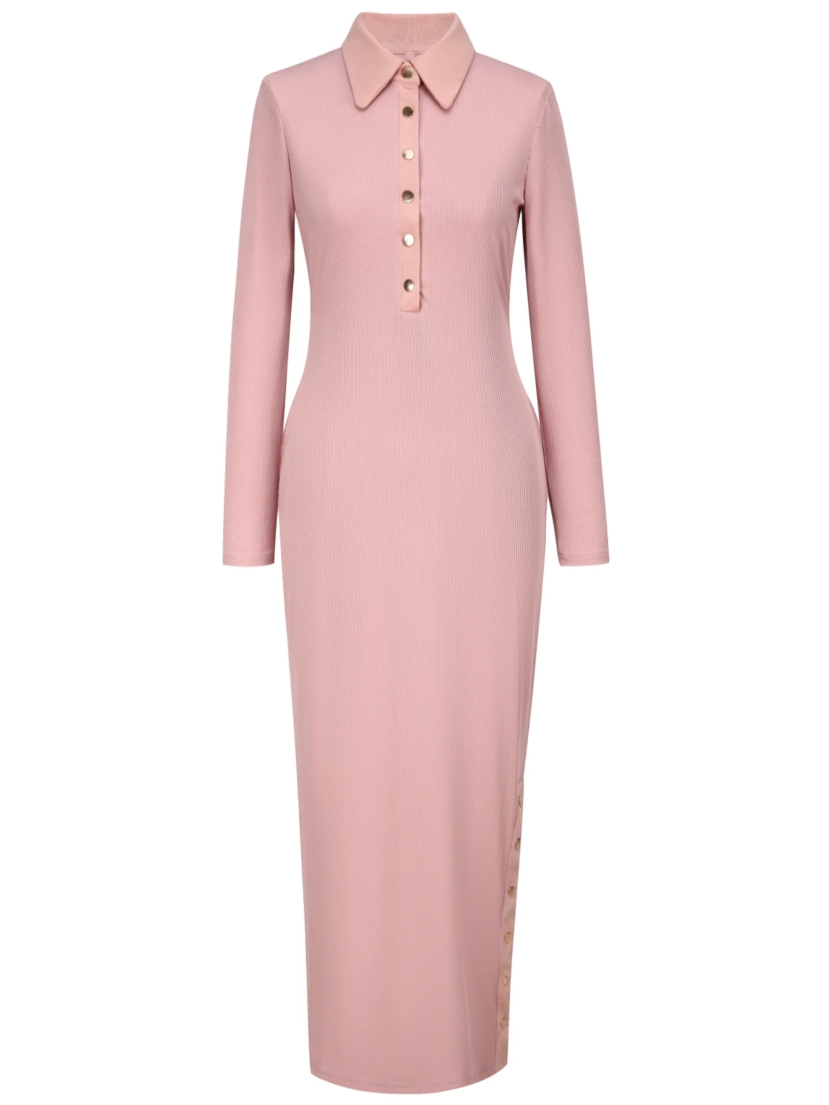 

Spring and Autumn Polo Neck Dress Stretch Pit Textured Slim-Fit Long Skirt Side Slit Metal Button Long-Sleeved Hip Dress