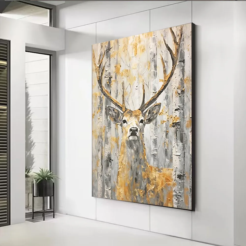 

100% Hand-Painted reindeer Oil Painting On Canvas Abstract Golden Animal Wall Art Picture big animal mural for home Decor paint