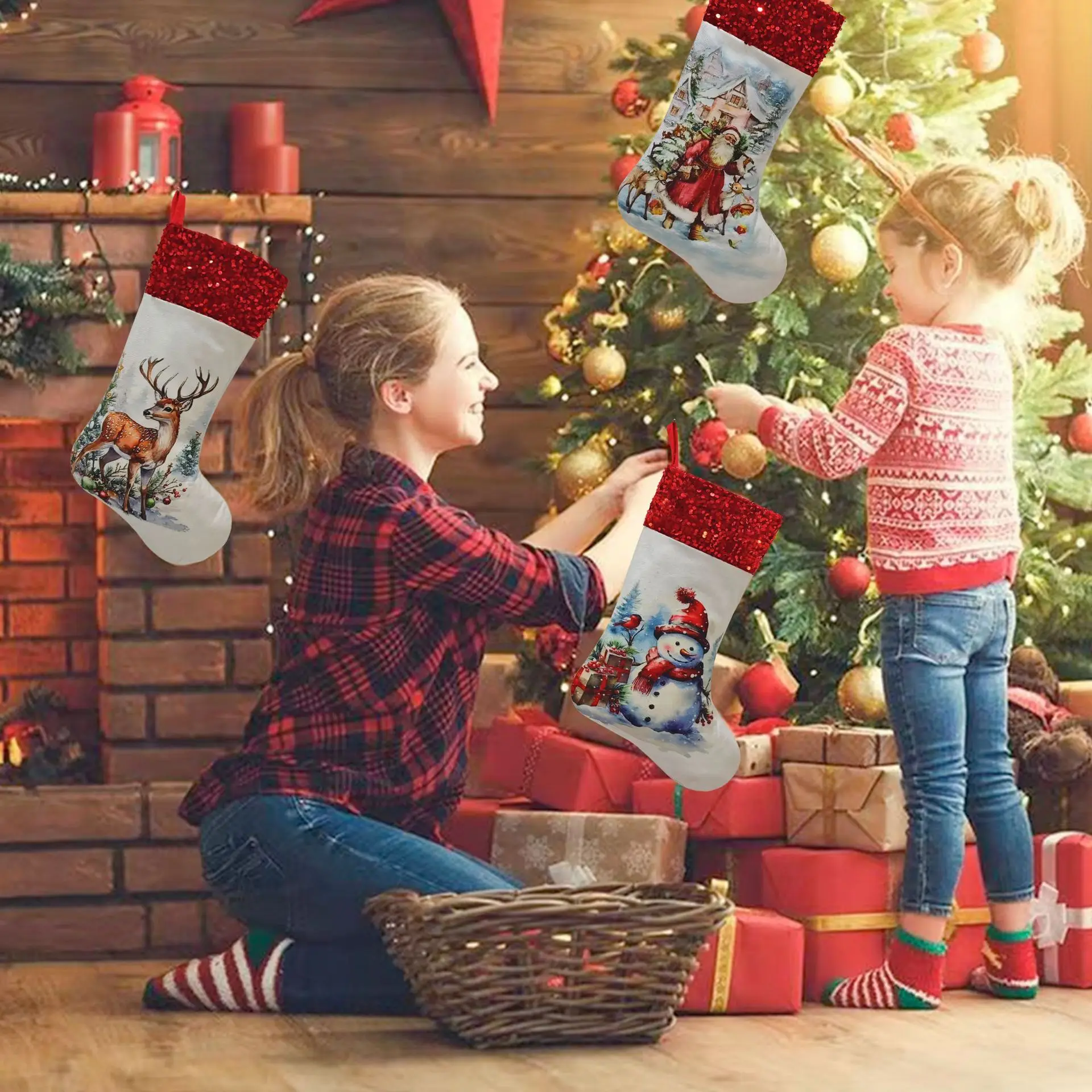 

Christmas Stockings 46 Inch, Xmas Sock for Fireplace Mantel, Gift Candy Bag with Festive Patterns for Kids Adults Family