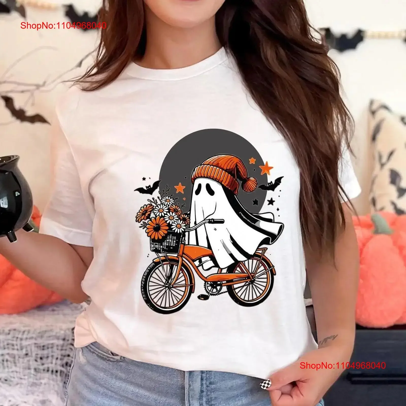 

Хэллоуин призрак езда на велосипеде футболка для велоспорта женская милая осень жуткий сезон ретро винтажная стираная повседневная унисекс универсальная мягкая