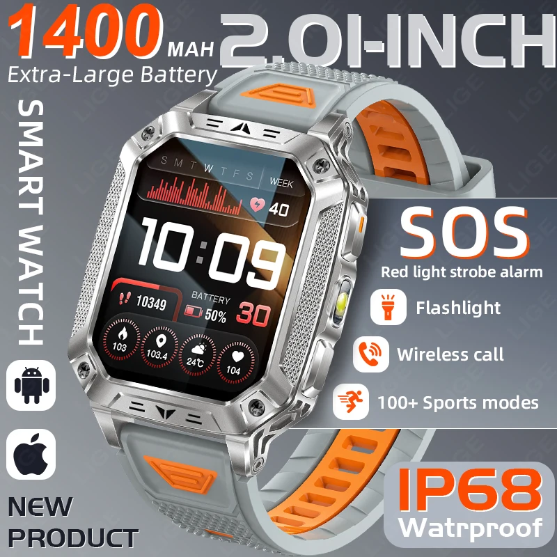 

For Men Women Outdoor Sports Smart Watch Red White Light Flashlight SOS 100+ Sports Modes Smart Band IP68 Waterproof Smartwatch