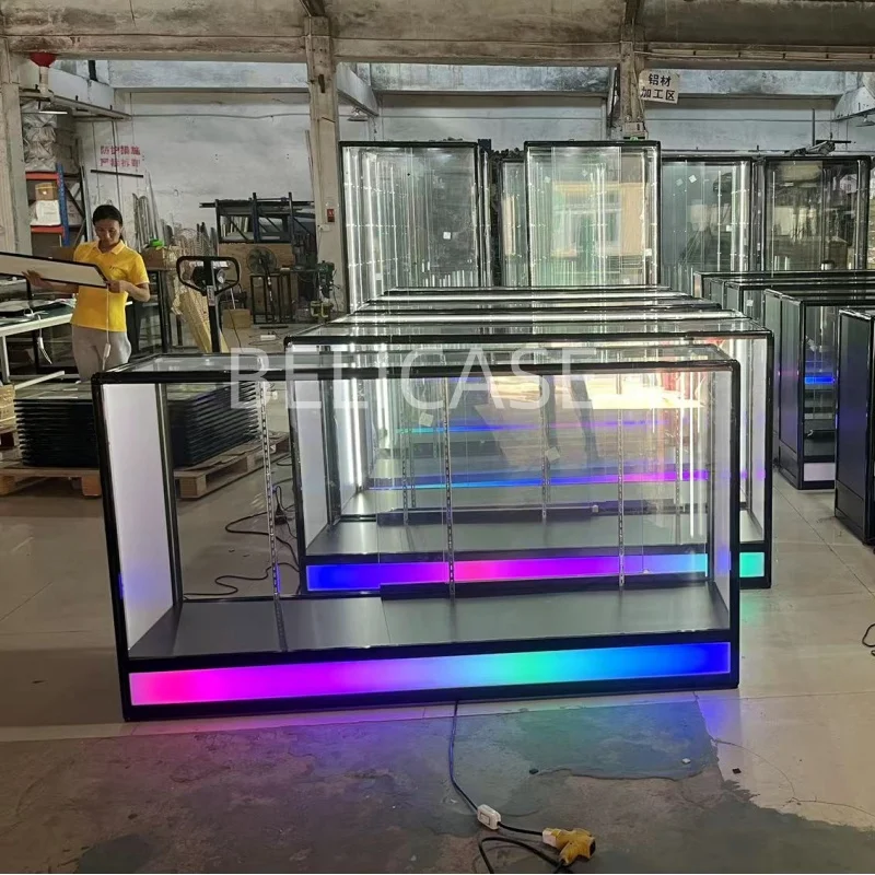 

2025customized. hot sell USA smoke shop display cases colorful glass 6ft display counter smoke shop counter