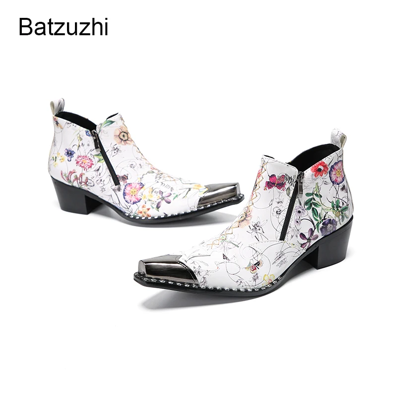 Batzuzhi Designer's Boots Shoes Pointed Toe White Genuine Leather Short Boots Man Flowers Print Business Boots for Man!