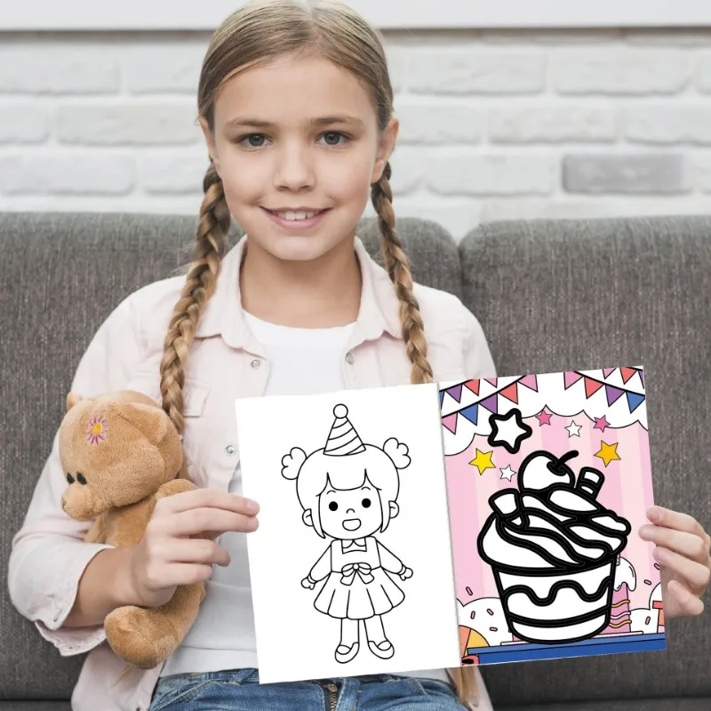 Magic Art Sticker Book para crianças, Handmade Cartoon Coloring Book, Fun and Creative Birthday Theme