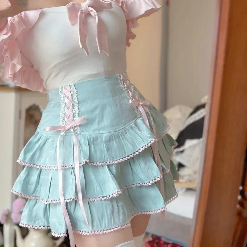 2024 Japanse Stijl Kawaii Lolita Geplooide Rokken School Koreaanse Vrouwen 90S Hoge Taille Roze Bandage Fee Y Y 2K Esthetische Rok