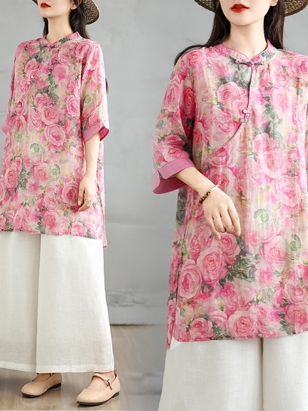 

New Chinese Sle Women's irt Summer Vintage Buttoned Linen Print Art Slimming Top Trendy Stand Collar Mid-Length Thin Fabric