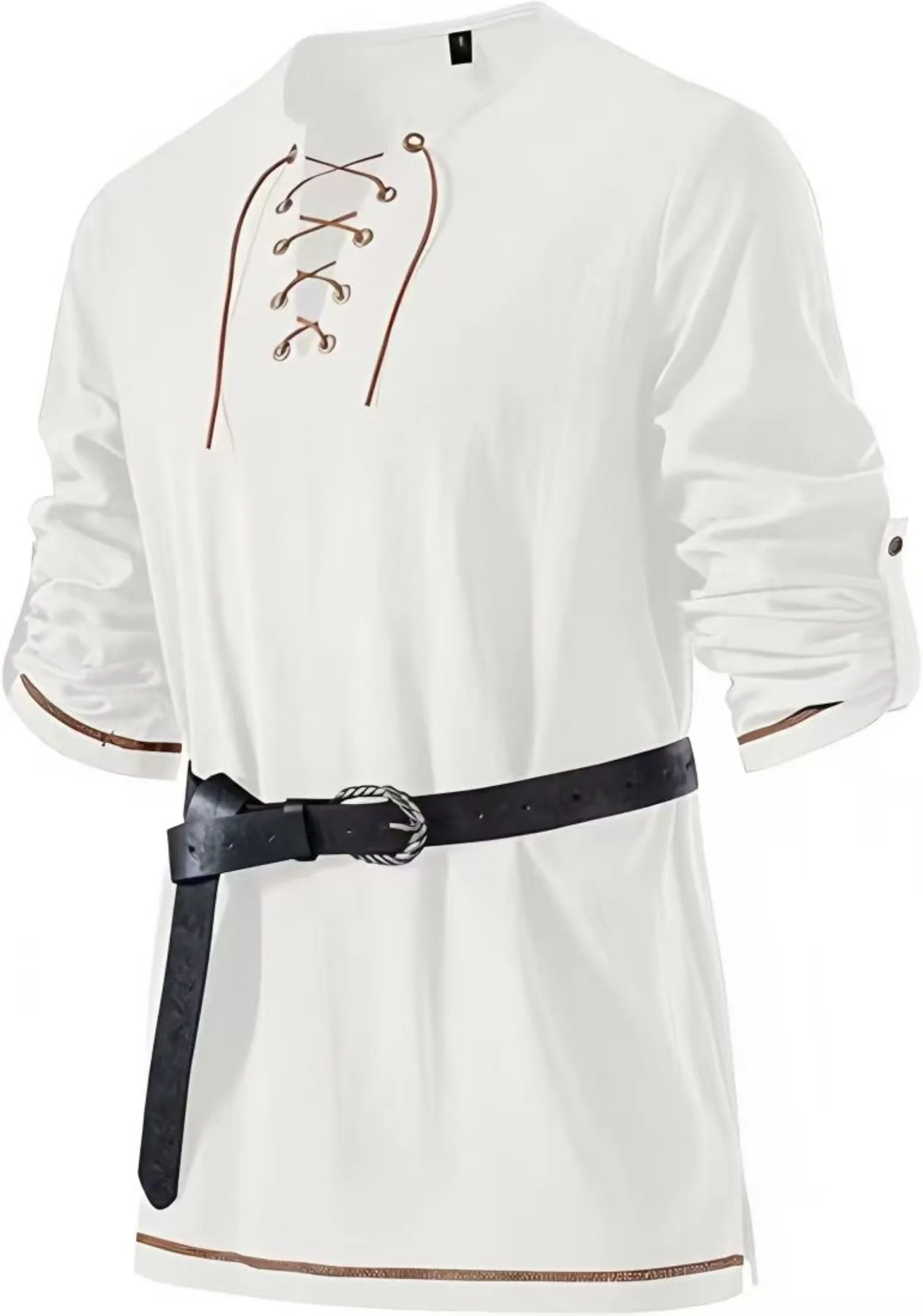 Mittelalterliches Schnür-Tunika-Hemd für Herren, Renaissance-Wikinger-Piratenkostüm, langärmliges Retro-Oberteil mit Gürtel für Halloween-Cosplay – Detail 22