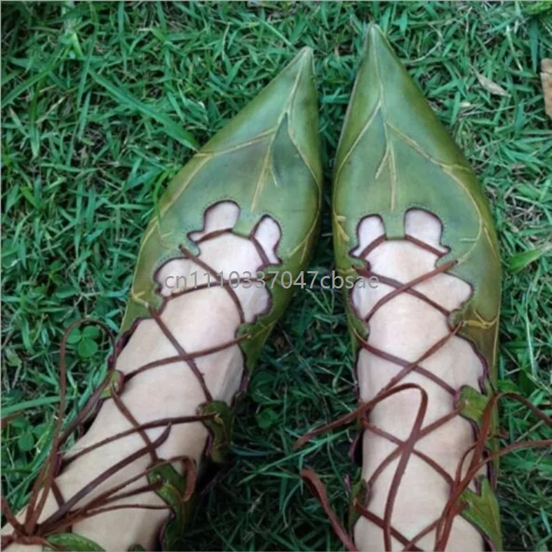 Botas de mujer con cordones y punta puntiaguda, de cuero, estilo guerrera, para cosplay, con diseño hueco, retro, medievales, de suela plana