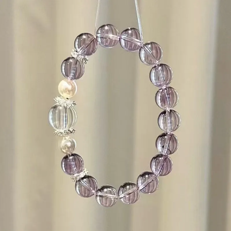 

Fashion Women Natural Amethyst Nine Purple Fire Bracelet Yellow Azeztulite Crystal Beads Large Size