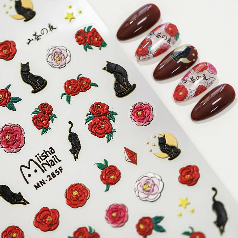 Red Camellia Flower Black Cat Cute Cartoon 5D Soft Embossed Relief Self Adhesive Nail Art Stickers Lovely Kitty Manicure Decals