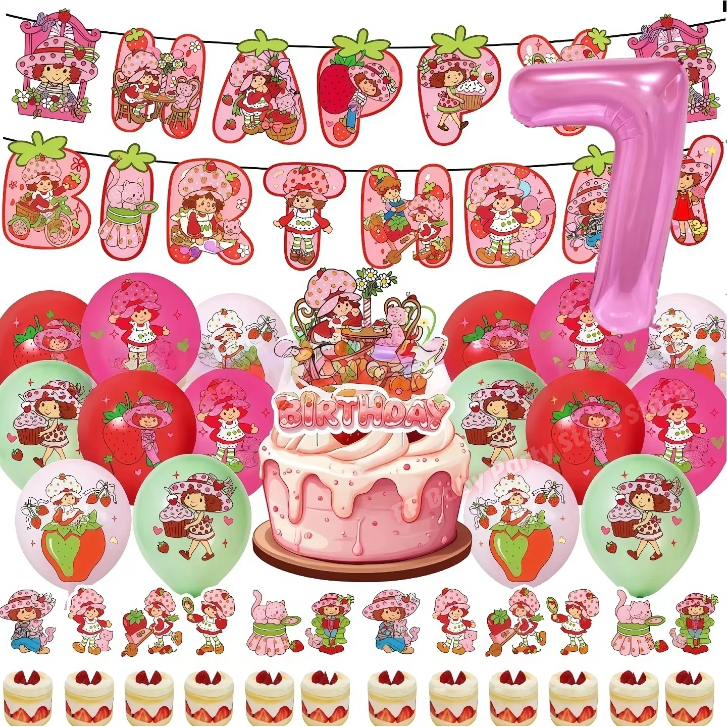 Erdbeer-Shortcake-Themenbanner, Ballon- und Kuchendekorationsset für Geburtstagsfeiern, Mädchen-Geburtstagsparty-Dekoration – Detail 24