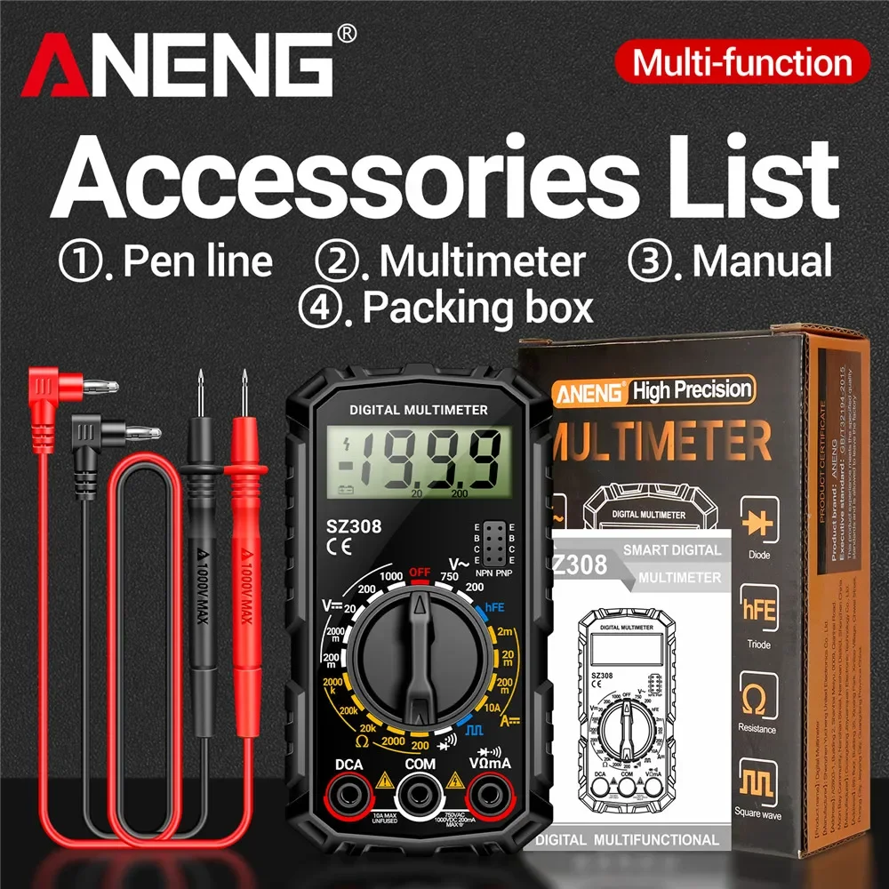 

ANENG SZ308 Multimeter 1AC/DC High-Precision 999 Count Digital Multimeter Multi-function Voltage Current Resistance Test Tool