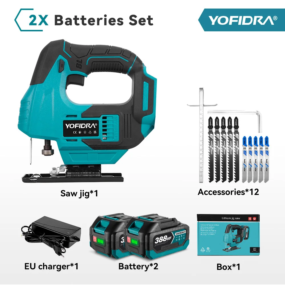 YOFIDRA 3800 U/min Bürstenlose Elektrische Stichsäge mit 12 Sägeblättern, Infrarot-Laser, Kabellose Kurvensäge, Holzbearbeitungswerkzeug für Makita 18V Akku