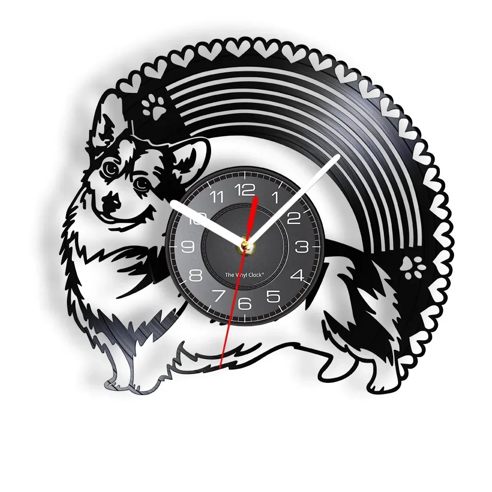 Pembroke Welsh Corgi with Love Hearts Vinyl Record Wall Clock Pet Dog Owner Home Decoration Silent Wall Clock Gift
