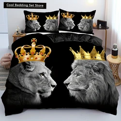 2/3pcs Luxurious Crown Lion King and Queen Leopard Printed Duvet Cover Set - Soft, Vibrant, and Durable Bedding for Bedroom Gift