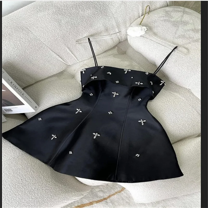 Mini robe de soirée de cetim branco, apliques de miçangas, elegante, sem mangas, vestidos de baile, alça espaguete, curto, mini vestido de casamento