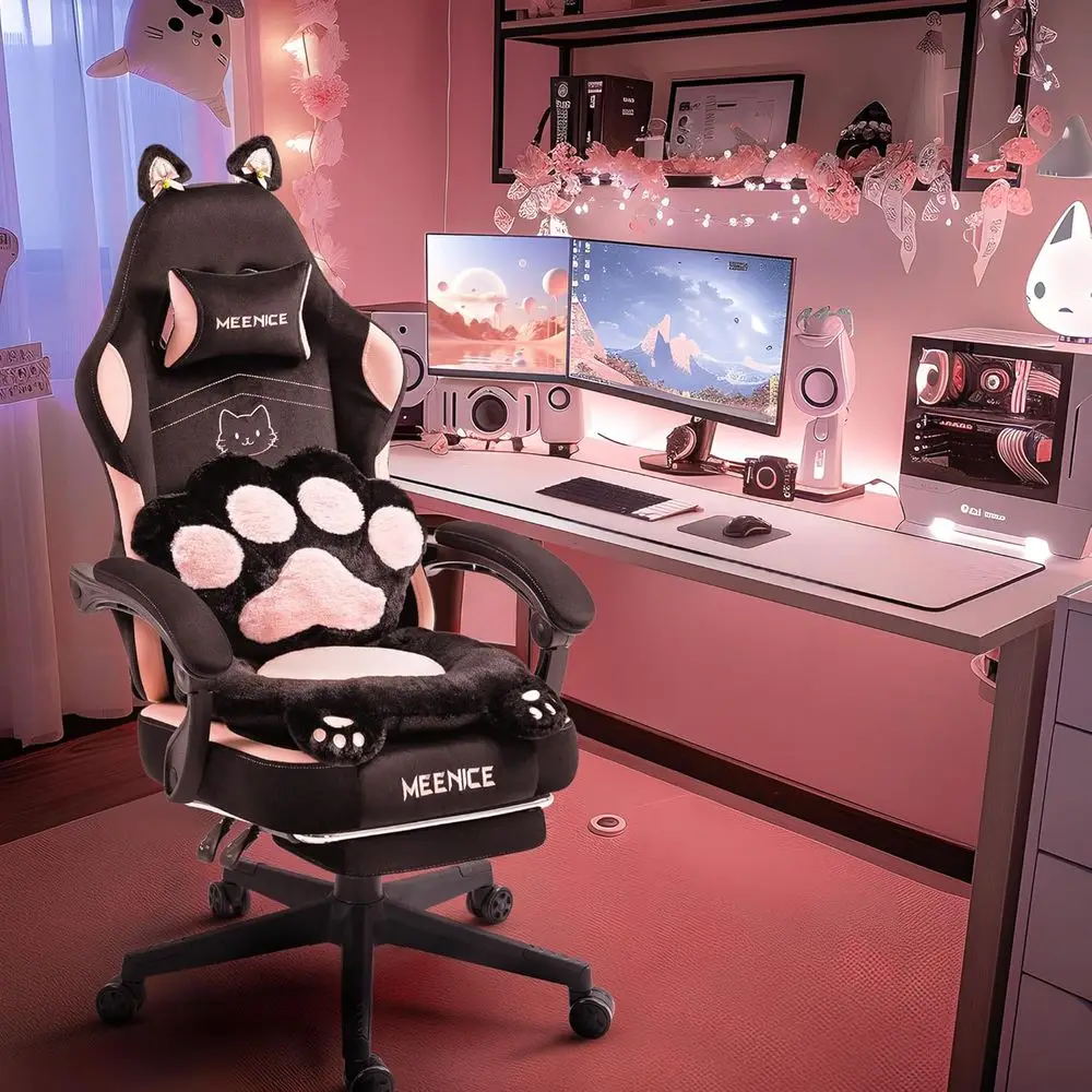

Cute Cat Ear Gaming Chair with Lumbar Support, Ergonomic Reclining PC Chair for Girls and Adults up to 300lbs