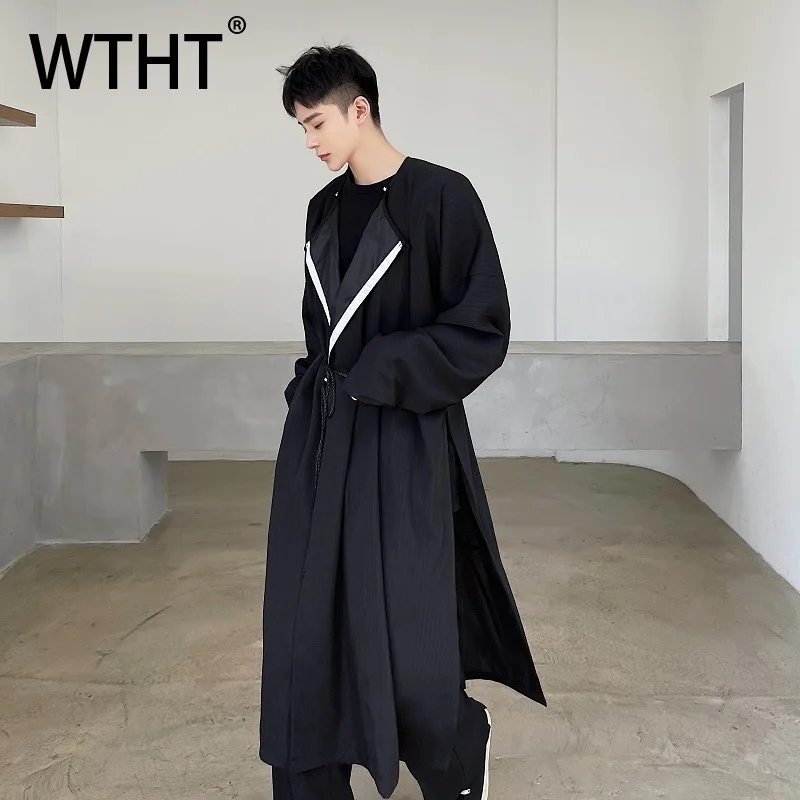 

WTHT модное осеннее мужское пальто контрастного цвета 2024, свободное уличное пальто, модное утолщенное мужское пальто с длинным рукавом и круглым вырезом 2A1939