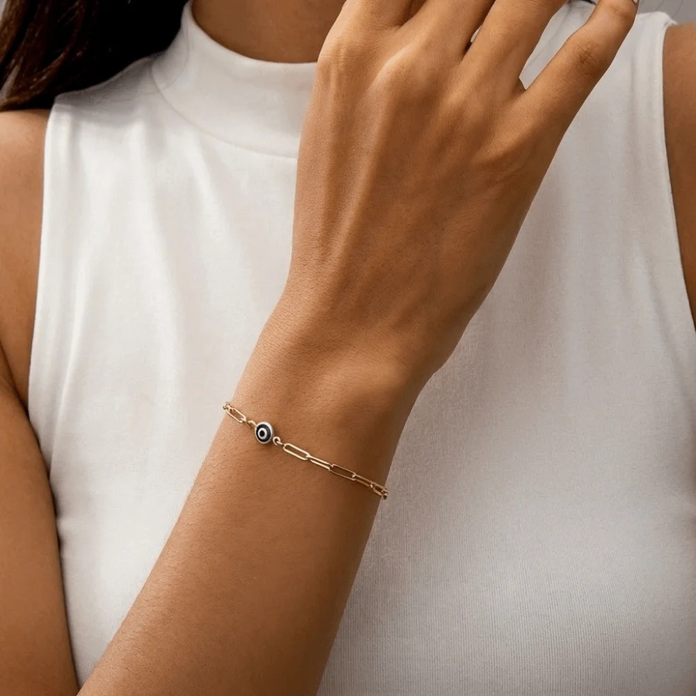 Elegant Turkish Blue Eye Bracelet Vintage Unique Stainless Steel Bracelet Demon Eye Link Chain Adjustable Chain Bracelet Gift