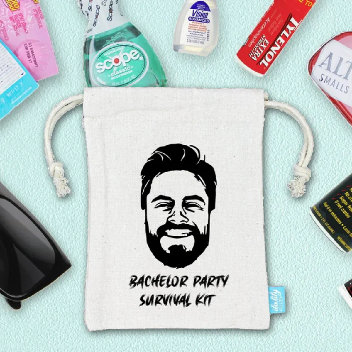 Bachelor Party Hangover Recovery Kit - Bachelor Oh Shit Kit - Custom Photo Survival Kit -Heavy Cotton Canvas Double Drawstring F