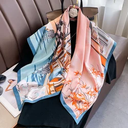 2024 Luxury Brand Square Scarf Design Shawl Wrap 90cm Print Twill Silk Women Hijab Female Foulard Headband Bandana