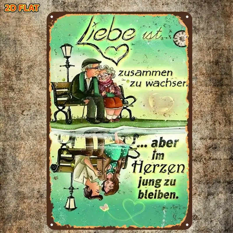 2D Flat, 1pc, Retro Vintage Illustration of an Elderly Couple in Love with a Heart Design. Metal Tin Sign with Pre-Drilled Decor