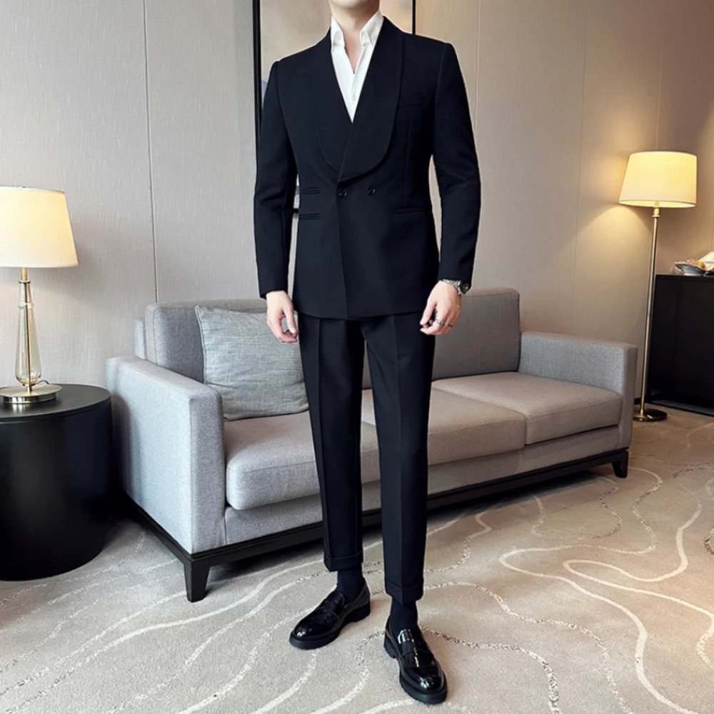 

New 2024 Men's Suit Set Two Piece (Jacket+Pants) Double breasted Large Flip Collar Wedding Fashion Casual Business Party Dress