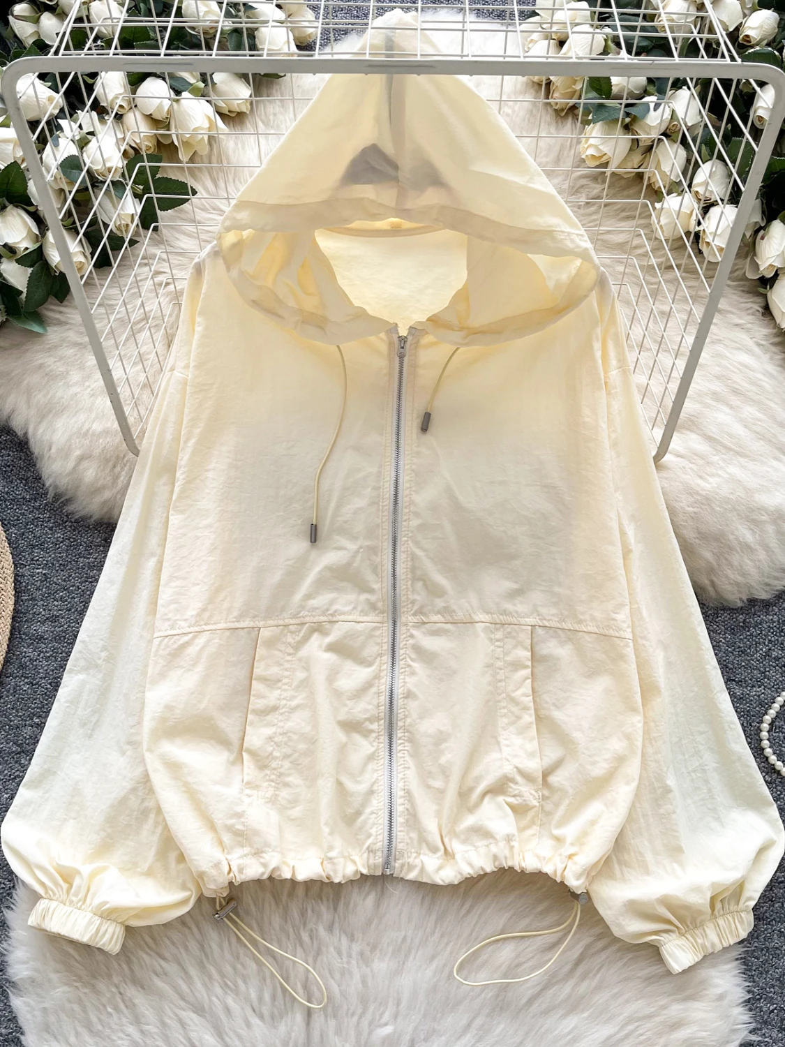 

Korean Sle Casual Hoodie Women's Summer Loose Sports Suit Design Sense Dstring Hood Zipper Sun Protection Clothes