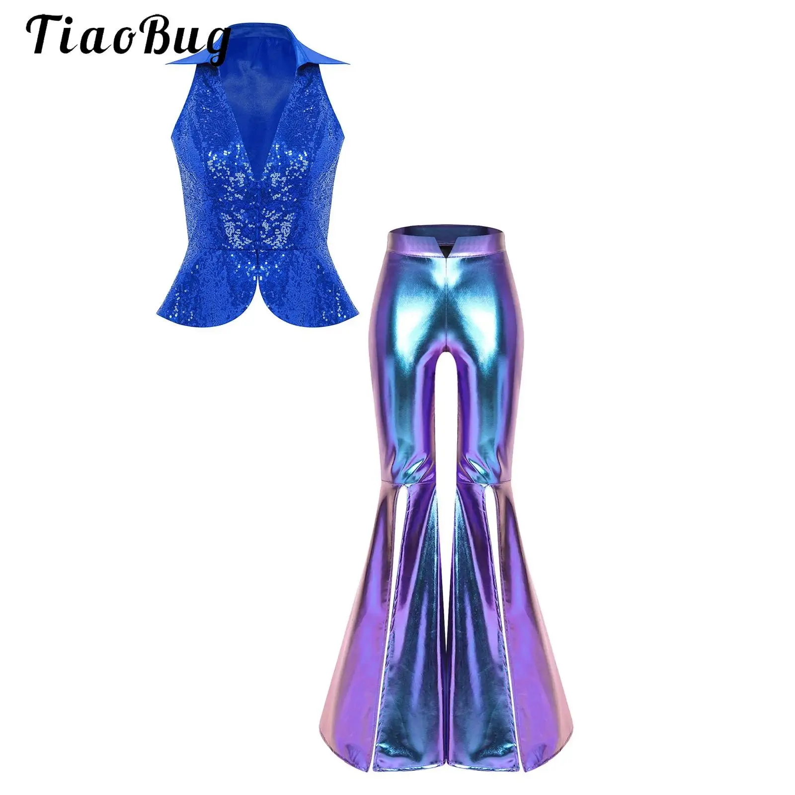 Women 2pcs Glitter Disco Outfit Sleeveless Lapel Sequin Tank Top And Metallic Split Flared Pants Set