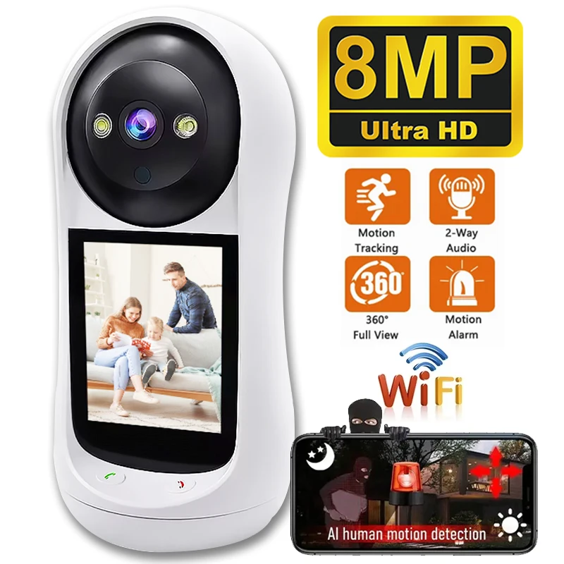 

8MP PTZ Wifi Camera Video Call with 2.8 Inch IPS Screen Baby Cry Sound Detection Wireless Security IP Camera Baby Monitor V380