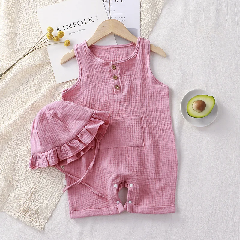 Muslin Summer Baby Jumpsuit with Hat Soft Cotton Baby Girl Boy Clothes Sleeveless Toddler Romper Infant Clothing Newborn Outfit