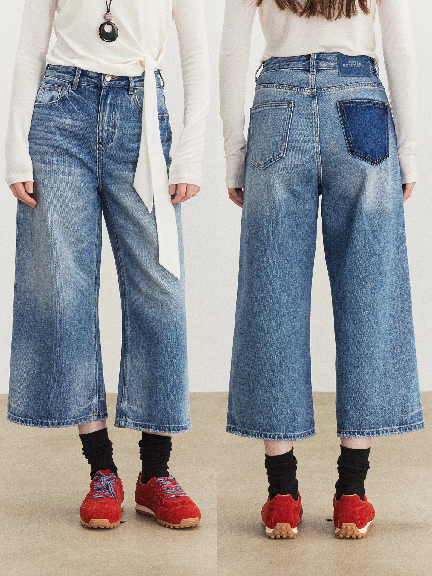 

Waed Denim Wide Leg Pants Women's Loose Fit Casual High Waist Cotton Zipper Vintage Pattern Four Seasons Versatile Jeans