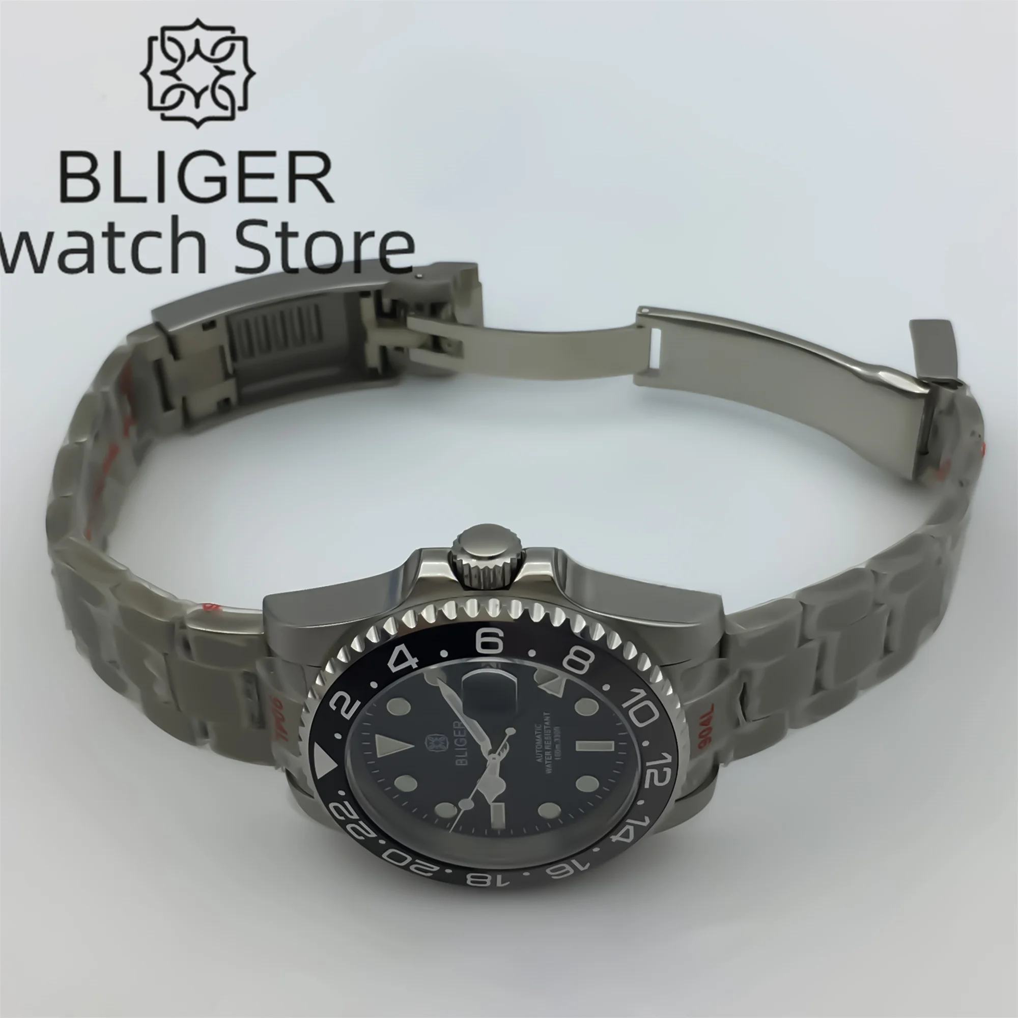 BLIGER 40mm GMT Watch For Men Black-gray Ceramic bezel Sapphire Glass Green GMT Text Green GMT Hand NH34 GMT Mechanical Watch