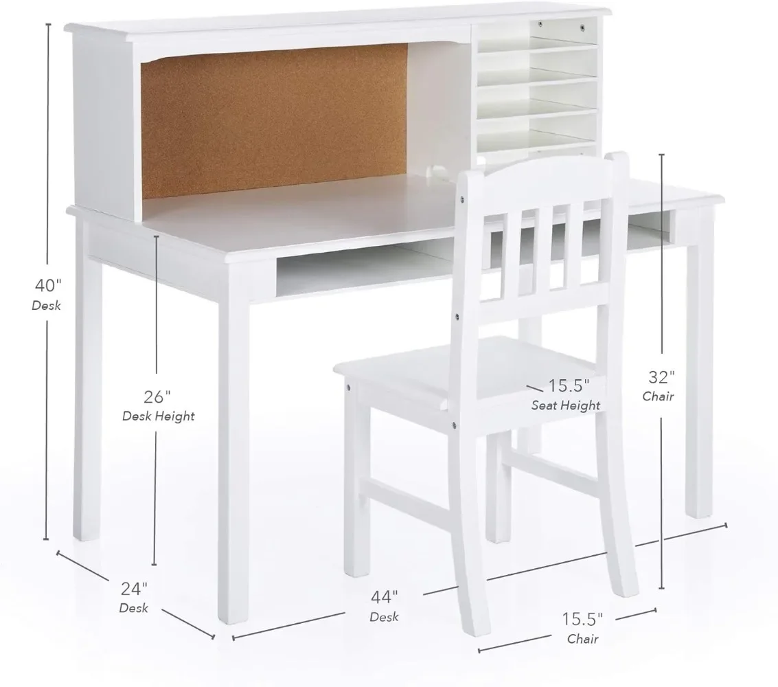 Children’s Media Desk and Chair Set – White: Kids Study Computer Desk with Hutch and Storage, Wooden Kids Bedroom Furniture