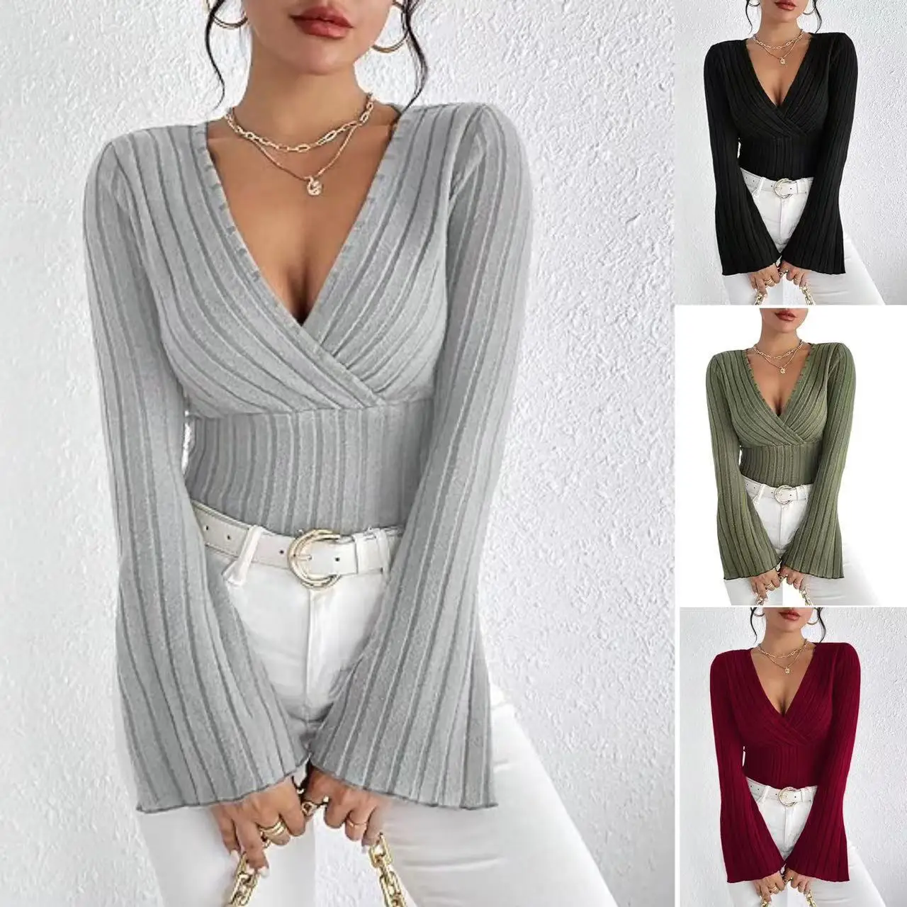 

Women's Flare Long Sleeve Solid Color Ribbed Pit Strip V-Neck Pullover Slim Fit T-Shirt Sexy Streetwear for Ladies
