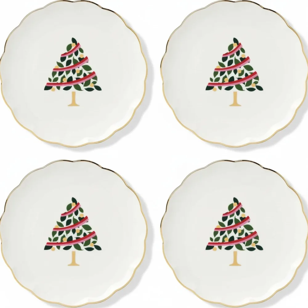 

Набор праздничных фарфоровых обеденных тарелок на 4 человека, рождественский праздник с гребешком и золотыми акцентами, элегантная обеденная посуда
