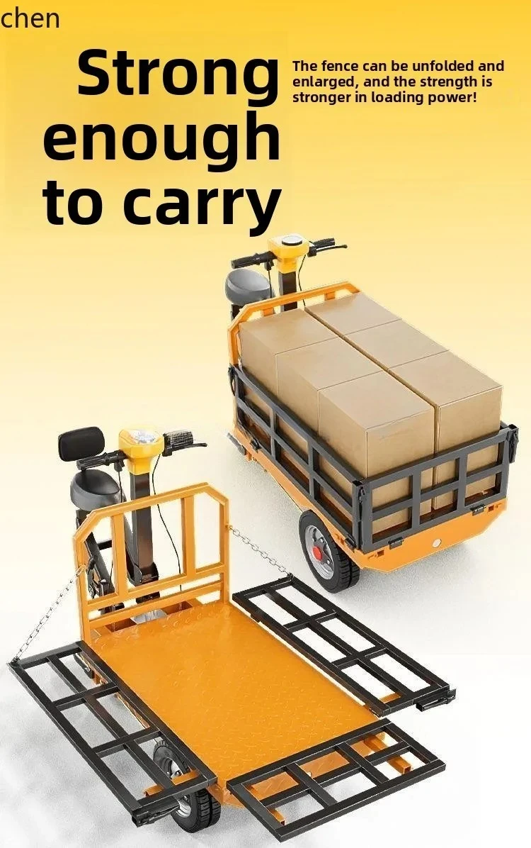 Yy- electric three-wheel flatbed truck for loading bricks and goods on construction site, flatbed truck with extended length