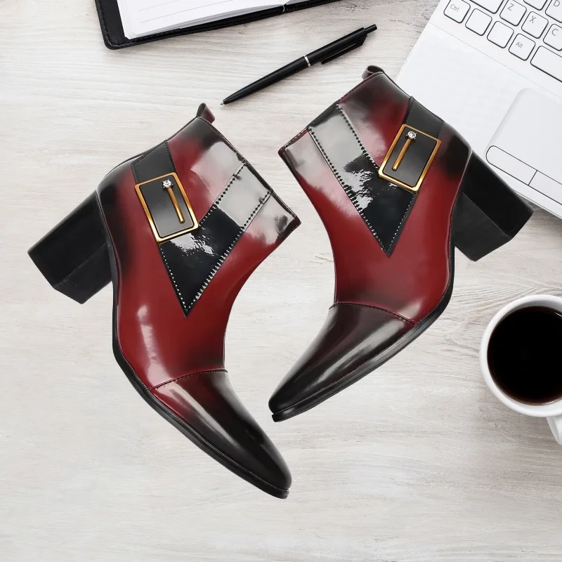 High Heels Shoes For Men Genuine Leather Chelsea Ankle Boots Gradient Wine Color Zipper Dress Man Party Sapatos Masculinos