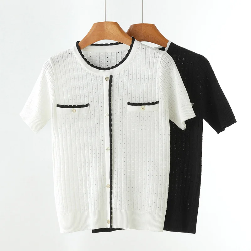 

2026 summer new women's short sleeved ice silk knitted new striped women's T-shirt Korean version fashionable women's top