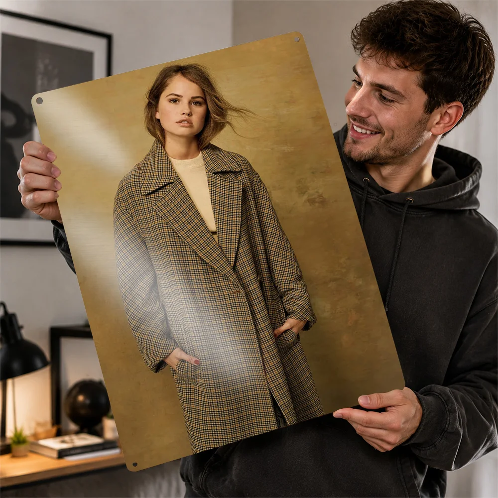 Debby Ryan In A Plaid Coat Textured Poster Personalized Aluminum Metal Sign Bold Studio Style Wall Art For Dressing Room Decor