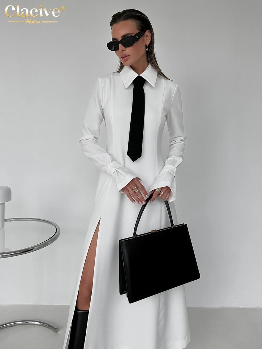 Clacive Fashion Slim White Office Dress Casual Lapel Long Sleeve Ankle Length Dress Elegant Classic Slit Dresses For Women 2024