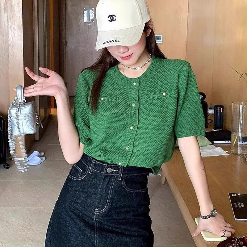 Women Clothing Fashion Knit O-neck Short Sleeve Top Summer Korean Version Short Dark Green Cardigan Loose Button Sweaters Shirts