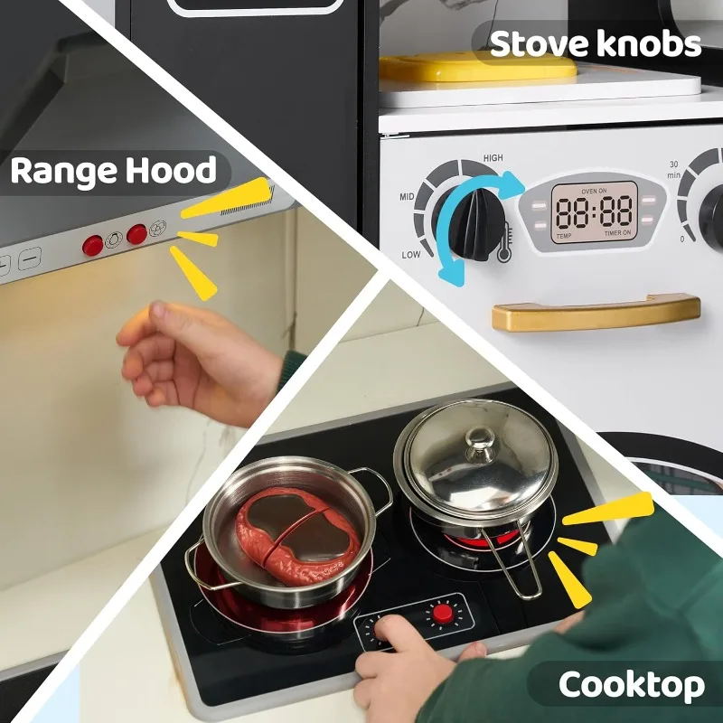 Joyfy Peuters Houten Hoekkeuken Doe alsof Speelset met Nep Voedsel Speelgoed Echte Lichten Geluiden Speelkeukenset voor kinderen