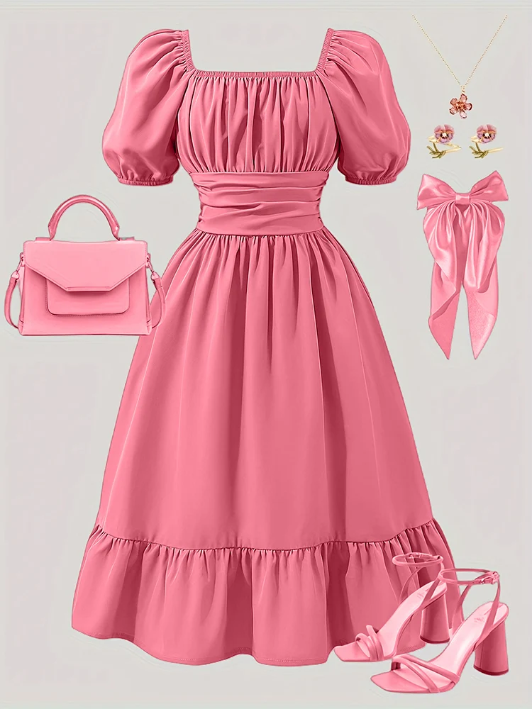 Vestido de talla grande para mujer, informal, bonito, elegante, con hombros descubiertos, manga acampanada, lazo, Color sólido, primavera y verano